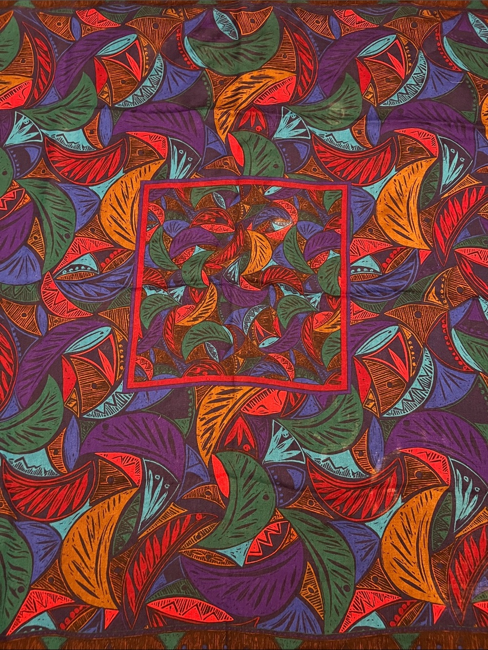 100% Wool Perry Ellis Geometric Print Scarf in Blue, Teal, Purple & Red, Japan - Picture 5 of 10